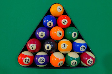 Billiard balls pool in triangle  on green table, game