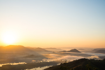 Gold foggy on sunrise background.