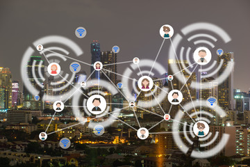 People icons network and communication concept. Double exposure