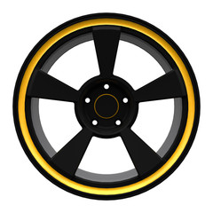 Fototapeta premium Black aluminum cast disk from a sports car with a yellow fringing (3D model)