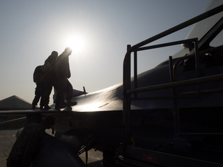 Maintenance on an F-16 in Afghanistan