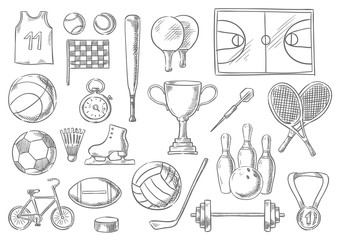 Sport balls, items sketch isolated icons
