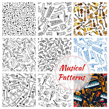 Patterns of musical instruments and music notes