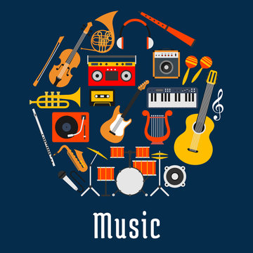 Music round symbol with musical instruments