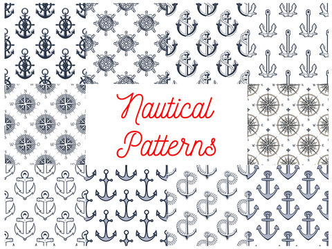 Nautical anchor, helm, compass seamless patterns