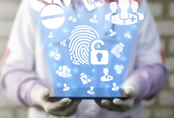 Medicine security health care identification access web healthy concept. Fingerprint keyhole lock...