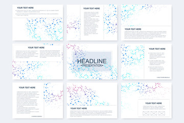 Big set of vector templates for presentation slides. Modern graphic background structure molecule and communication. Scientific pattern atom DNA. Medical, science, chemistry design.