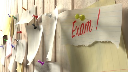 Exam reminder note pinned to kitchen wall