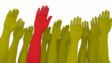Multiple arms and hands raised in yellow with one red