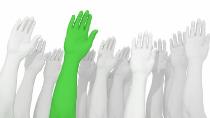 Multiple arms and hands raised in white with one green