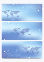 Modern set of vector banners with World Map. Geometric presentation. Molecule DNA and communication background for medicine, science, technology, chemistry. Cybernetic dots. Lines plexus. Card surface