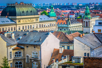 Zagreb downtown architecture closeup. / Aerial view on old city center in capital town of Croatia,...