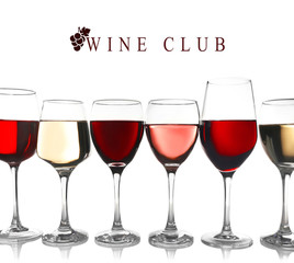 Glasses of different wine and text WINE CLUB on white background