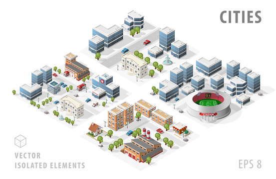 Set of Isolated Isometric Realistic City Maps. Elements with Shadows on White Background.