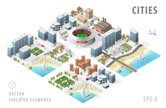 Set of Isolated Isometric Realistic City Maps. Elements with Shadows on White Background.