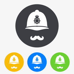 Icono plano casco policia britanico con bigote en circulo varios colores