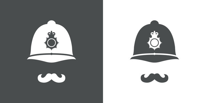 Icono plano casco policia britanico con bigote gris y blanco