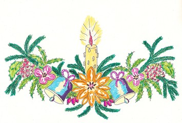 Hand drawn illustration with Christmas candlestick. Color illustration on white background - scan