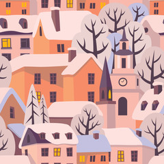 Winter city with snow-covered roofs. Vector seamless pattern.