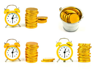 Set of clocks with coins, bucket with golden coins time is money - 131923781