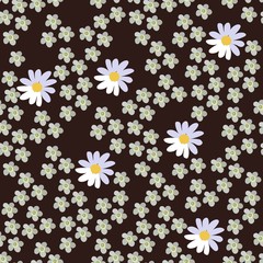 Seamless vector floral pattern on dark brown background. Daisies and yarrow.