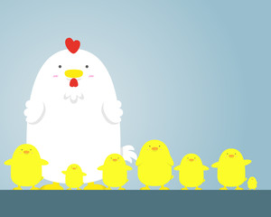 cute big fat white hen and chicken on blue background