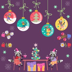 Merry Christmas! Greeting card with cute cartoon raccoons, Christmas tree, christmas balls, houseplants and snowflakes.