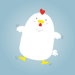 cute big fat white hen flying on blue background