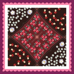 Lovely tablecloth with mushrooms, poppy, daisies, yarrow and pink frame. Vector illustration.