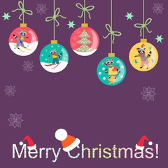 Merry Christmas! Greeting card with Christmas balls and snowflakes