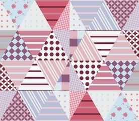 Obraz premium Ethnic patchwork pattern in pink and grey tones. Seamless background. Vector illustration of quilting.