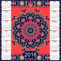 Calendar for 2018 year with ornamental mandala. Week starts on sunday. Vector illustration.