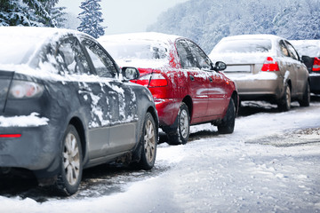 Cars in traffic jam on countryside road