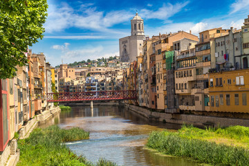 Colorful houses and Eiffel bridge in Girona