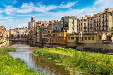 Colorful houses and Eiffel bridge in Girona