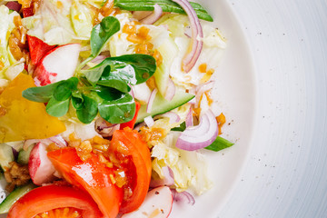 green salad with vegetables, top view, horizontal