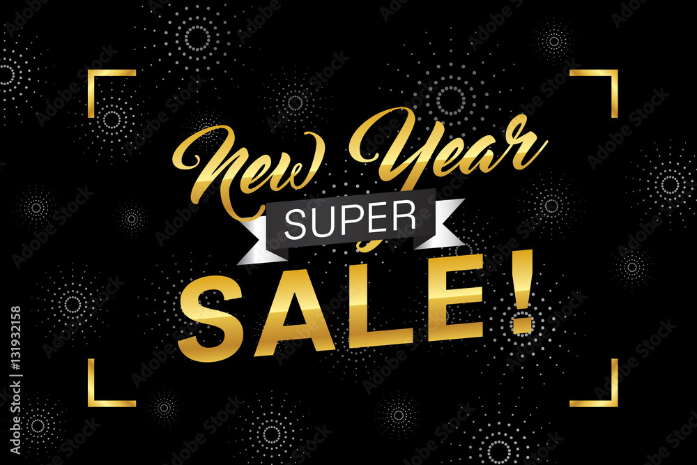 Wall mural New year super sale banner template with gold theme design. Vector illustration