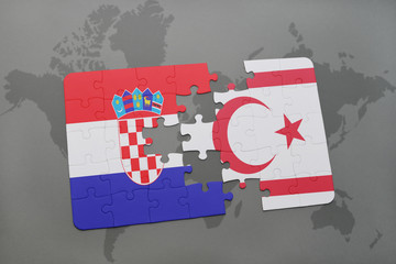 puzzle with the national flag of croatia and northern cyprus on a world map