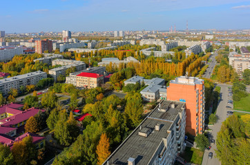 Tyumen, Russia - September 26, 2016: Aerial view on No.3 residential area with combined heat and power factory and TV towers on background