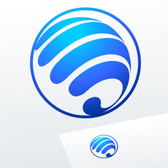 Vector blue sign in sphere shape. Logotype for Business, Technology, Corporation.