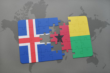 puzzle with the national flag of iceland and guinea bissau on a world map