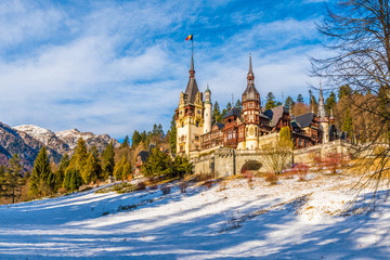 Obraz premium Peles castle Sinaia in winter season, Transylvania, Romania protected by Unesco World Heritage Site