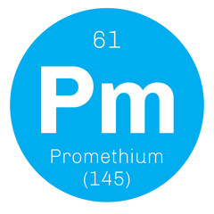 Promethium, chemical element. Radioactive element. Colored icon with atomic number and atomic weight. Chemical element of periodic table. 