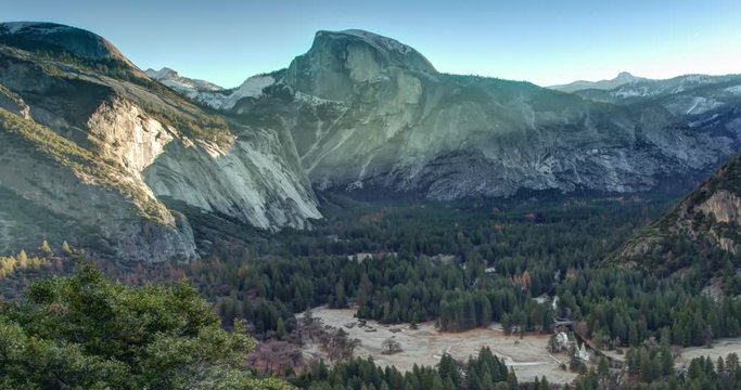 Yosemite National Park. Winter Solstice Sunrise in Yosemite Valley with a view towards Half Dome. Zoom Out.