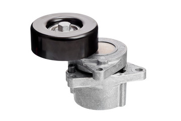 Belt tensioner for V-ribbed belt, on white background.