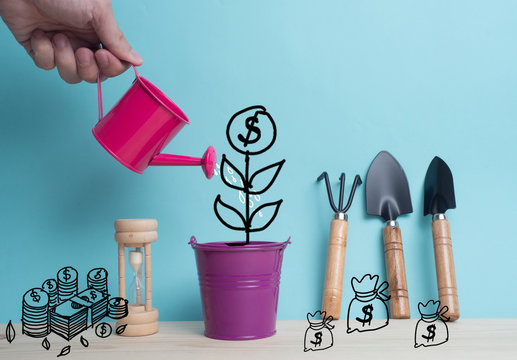 Growing Money Trees A Business Hand  Watering Money Trees Over Color  Background. Business Person Watering Money Tree.Drawing Free Hand Sketch Tree Money.Money Growth Concept.