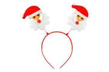 Christmas themed red metallic and textile headband decorated with two big Santa Claus heads, fashion item isolated on white background, clipping path included