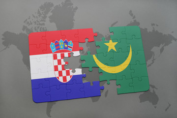 puzzle with the national flag of croatia and mauritania on a world map