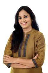 Cheerful arms crossed woman against white background