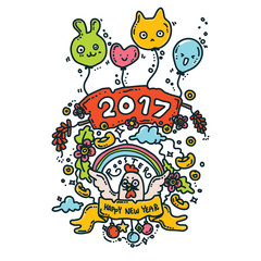 Vector Illustration of Happy New Year 2017 Greeting Card. Rooster Year.Doodle Style
